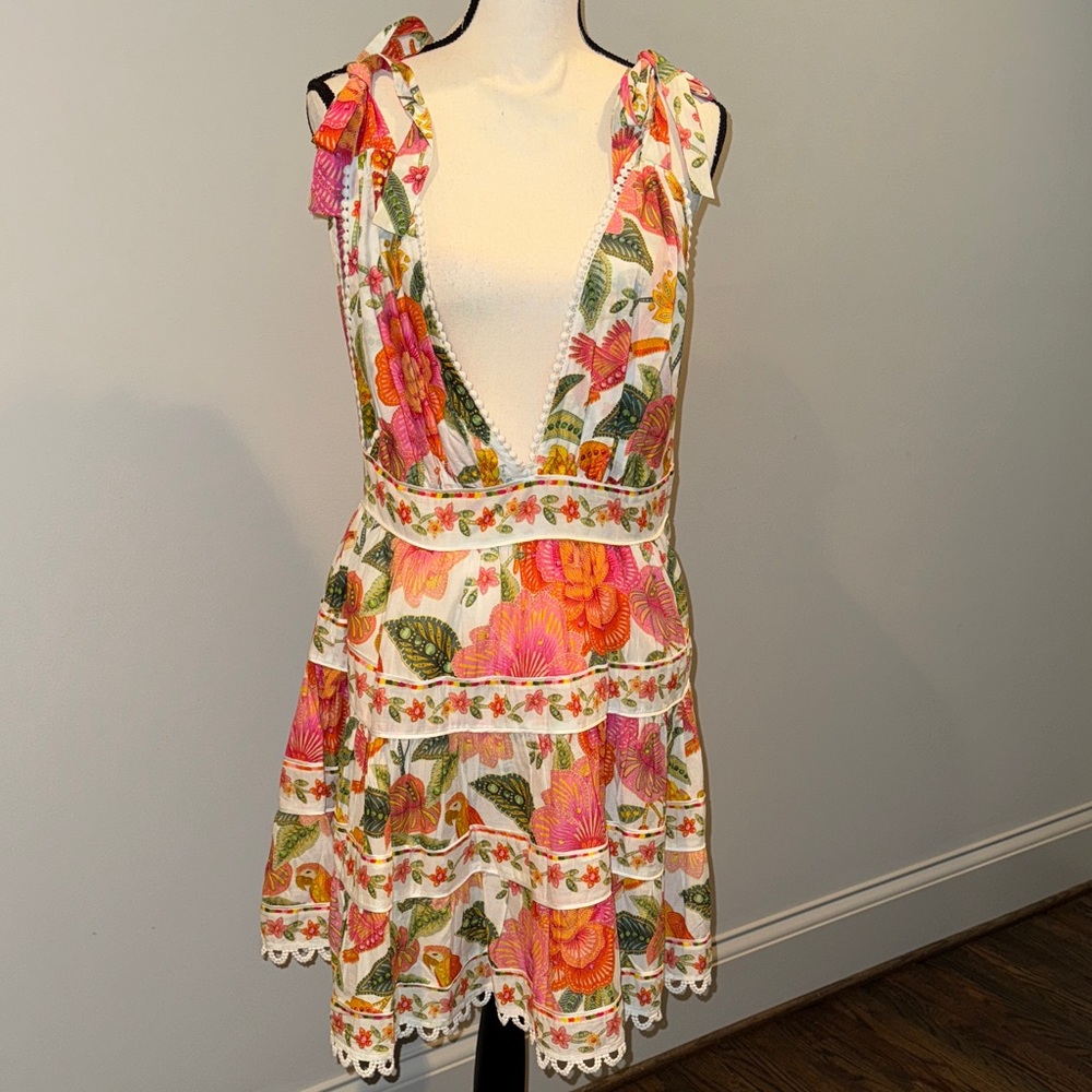 Farm Rio Floral Sleeveless Dress with Pink and Orange Accents Sz M